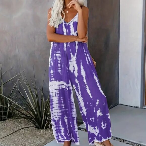 6X 5X 4X Plus Size Purple Tie Dye Sleeveless One Piece Casual Romper Jumpsuit - Picture 1 of 5